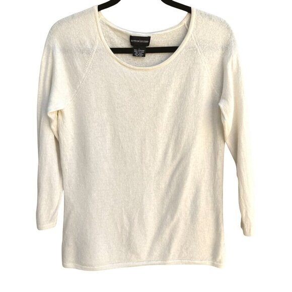 Sutton Studio Womens White Cashmere 3/4 Sleeve Buttoned Cuffs Knit Sweater L - Picture 1 of 9
